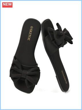 Women's Bow Flat Sandals Square Toe Faux Leather Slide for Wedding Beach